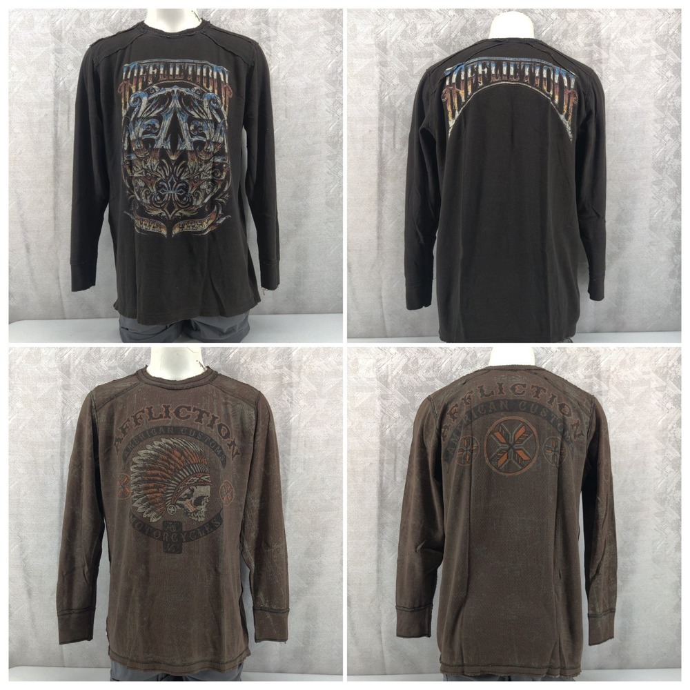 Affliction Thermal Long Sleeve Shirt Mens XXL Brown Black‎ Skull Reversible